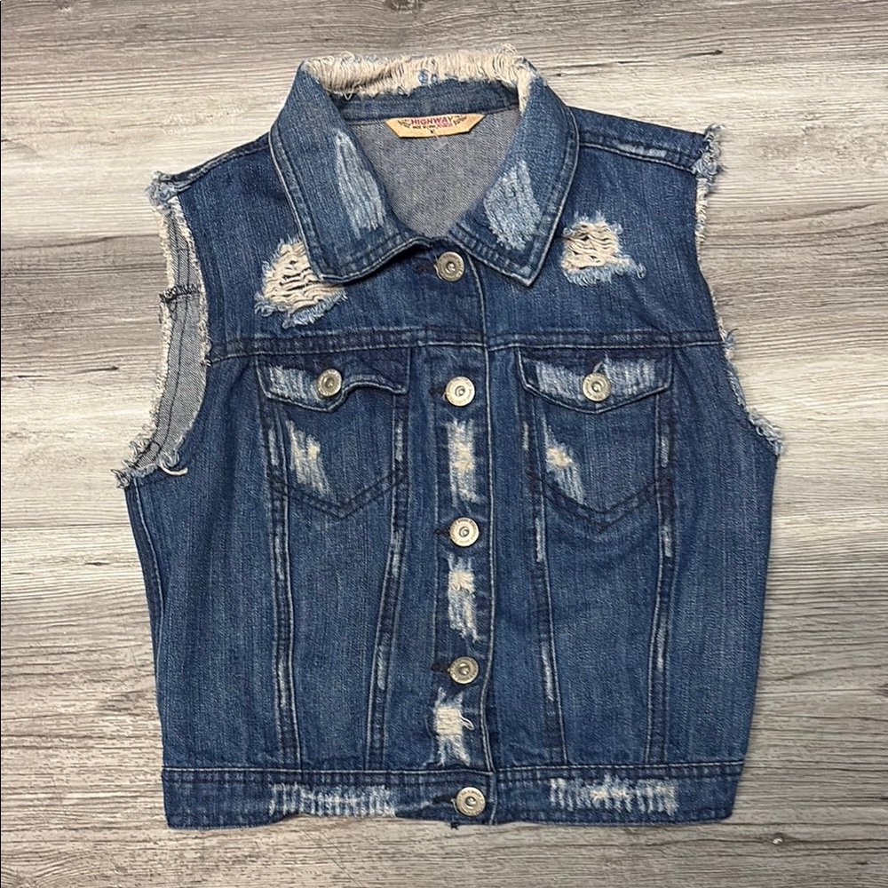 Distressed Denim Vest Highway Jeans